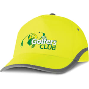 A bright yellow cap with grey accents and a logo on the front, designed for visibility and style.