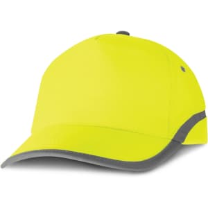 A bright yellow cap with a grey peak and detailing, featuring a logo.