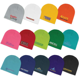 A collection of beanies in various colours, featuring different logos and designs.
