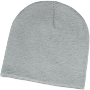 A light grey beanie with a simple, textured design. It features a logo on the side.