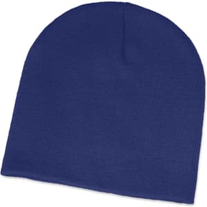 A royal blue beanie cap made from a soft knit material, featuring a snug fit and a classic beanie design.