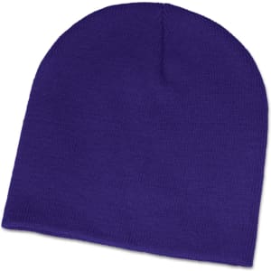A purple beanie with a knitted texture, featuring a logo on the side.