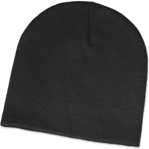 A black knit beanie with a simple and classic design.