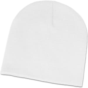 A white beanie made from soft fabric, featuring a simple design and no visible branding.