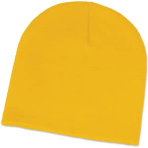 A bright yellow beanie hat designed for casual wear.