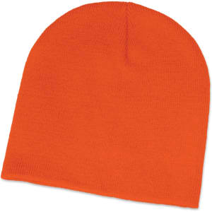 An orange beanie hat made of soft, textured fabric.