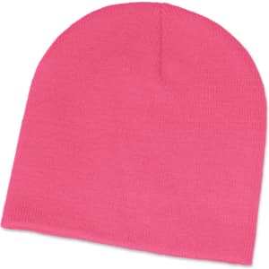 A pink beanie hat is displayed on a white background.