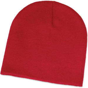 A red beanie featuring a simple, knitted design suitable for various occasions.