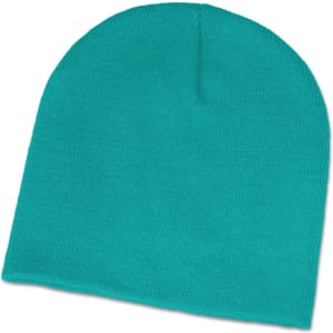 A teal beanie with a smooth texture and a snug fit, featuring a branding logo.