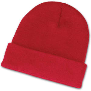 A red beanie featuring a folded cuff.