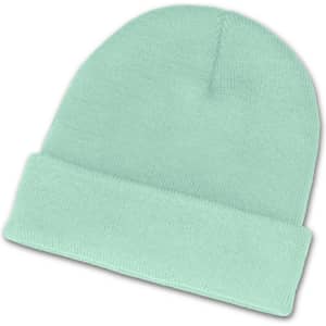 A mint green beanie with a folded cuff.