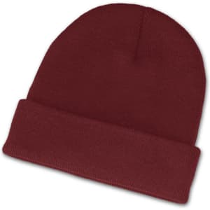 A maroon beanie with a textured finish and folded cuff, featuring a logo on the side.