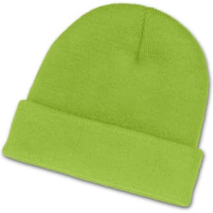 A vibrant green beanie made from soft, textured fabric, featuring a rolled cuff design.