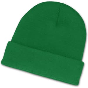 A green beanie with a folded cuff, designed for warmth and style.