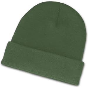 A green beanie with a folded cuff.
