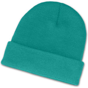 A beanie in a vibrant teal color, featuring a soft knit texture and a folded cuff.