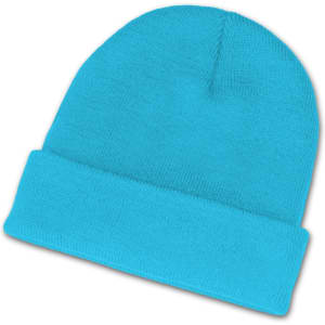 A bright turquoise beanie hat, featuring a ribbed cuff and a soft, textured fabric.