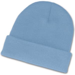 A light blue beanie with a folded cuff, featuring a textured knit design.