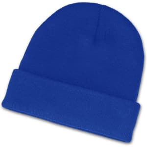 A blue beanie with a folded cuff, designed for warmth and style.