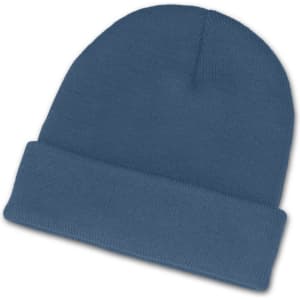 A blue beanie featuring a folded cuff design, perfect for providing warmth.