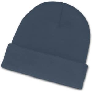 A dark blue beanie with a folded cuff, designed for warmth and comfort.