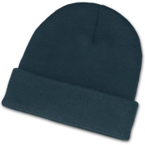 A beanie in a dark teal color featuring a rolled cuff design.