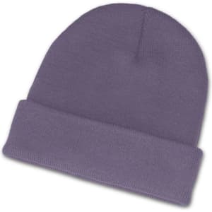 A beanie in a soft purple shade with a rolled cuff design.
