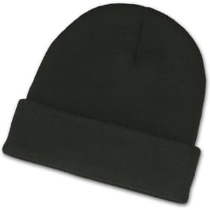 A dark green beanie hat with a folded brim, designed for warmth and comfort.