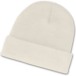 A white beanie with a rolled cuff design.