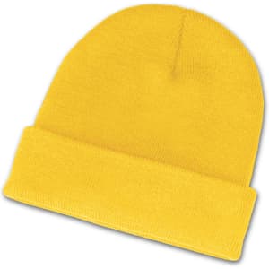 A bright yellow beanie hat with a folded cuff.