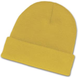 A yellow beanie featuring a classic fold-over design, ideal for cold weather.