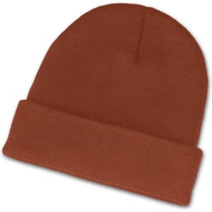 A brown beanie with a folded cuff and a textured knit design.