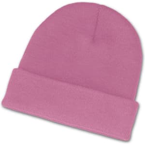 A pink beanie featuring a rolled cuff design.