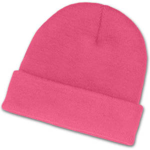 A pink beanie with a comfortable knit design, featuring a folded cuff.