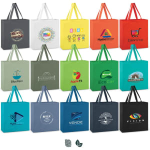 A collection of colourful cotton tote bags featuring various logos and designs in orange, blue, green, grey, and white.