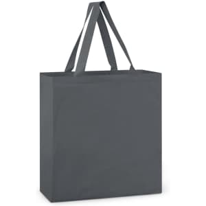 A grey cotton tote bag with two sturdy handles and a simple design. It features a branding logo.
