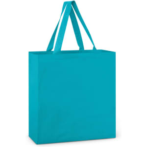 A teal cotton tote bag with two handles and a simple design. It features a logo or branding on the surface.