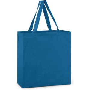 A blue cotton tote bag with two sturdy handles and a simple design. It features a branding logo.