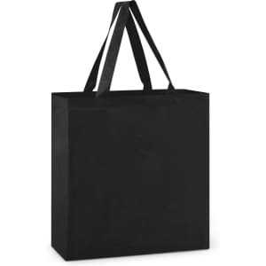 A black cotton tote bag with long handles, featuring a simple and sturdy design.