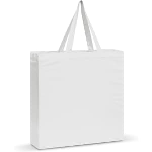 A white cotton tote bag with long handles and a simple design. It features a logo on one side.