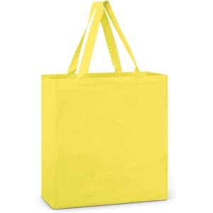 A yellow cotton tote bag with two handles and a smooth finish, featuring a logo on one side.