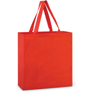 A red cotton tote bag with two long handles and a square shape. It features a simple design and has a logo.