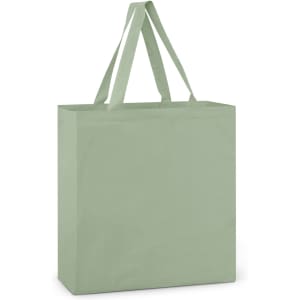A green cotton tote bag with two sturdy handles and a simple, unembellished design.