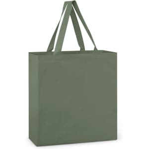 A green cotton tote bag with two sturdy handles and a simple design. It features a logo on one side.