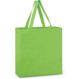 A green cotton tote bag with two handles and no visible logos or branding.
