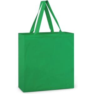 A green cotton tote bag with two handles and a plain design. It features a logo on one side.