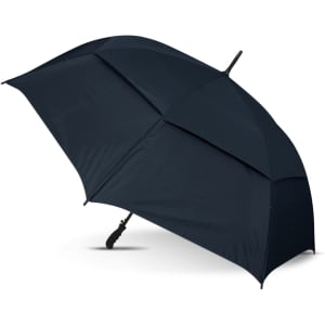 A large sports umbrella in dark navy blue with a sturdy handle and an extended canopy for maximum coverage.