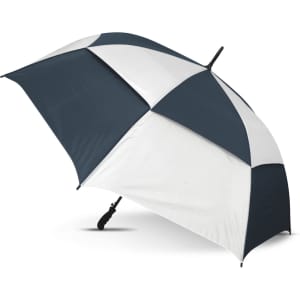 A large sports umbrella with a navy blue and white canopy design, featuring a handle and a branding logo.