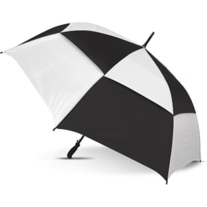 A black and white sports umbrella featuring a large canopy and a sturdy design, ideal for outdoor use.