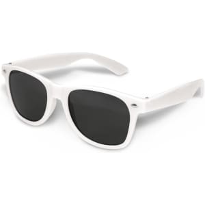 A pair of white sunglasses with dark lenses, featuring a design typical of casual, outdoor eyewear.